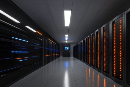Futuristic data center with towering server racks and illuminated indicators showcasing technology