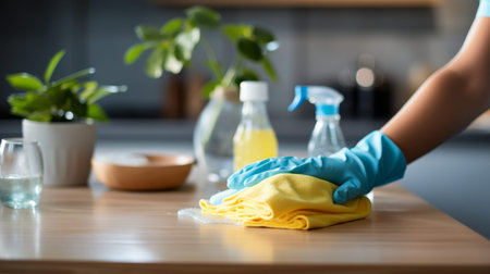 Close up of a young woman in blue gloves cleaning kitchen counter with rag and spray bottle