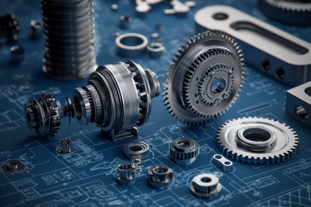 Detailed engineering drawing of motor with aluminum parts and gears in elegant blue tones