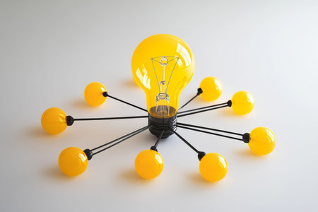 Yellow light bulb on black line against white background symbolizing digital marketing innovation