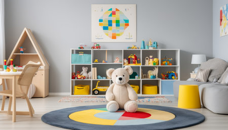 Charming children s playroom with a teddy bear, colorful mats, toys, and warm natural lightingの写真素材