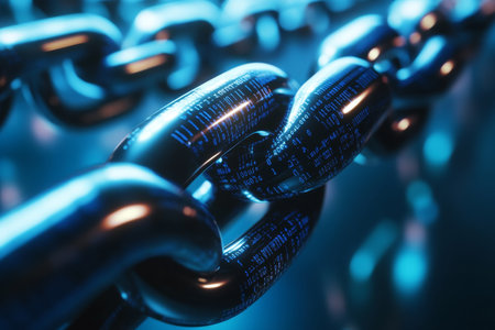 Intricate futuristic digital chain symbolizing blockchain technology with binary code detailsの写真素材