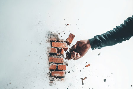 Constructing an open wall symbolizing growth and success against a white backgroundの写真素材
