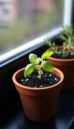 Close up of fresh herb plants in terracotta pots on a dark windowsill with natural lightingの写真素材