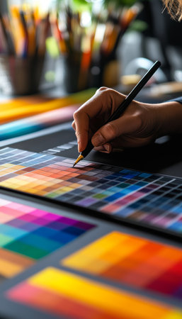 Graphic designer creating color swatches on digital tablet in modern design studio settingの写真素材