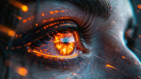 Stunning cyberpunk eye glowing orange and teal panels against a computer code backdropの写真素材