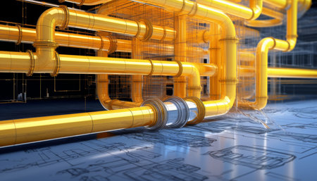 Cinematic 3d render of a yellow water pipe flowing water over a blueprint home layout background