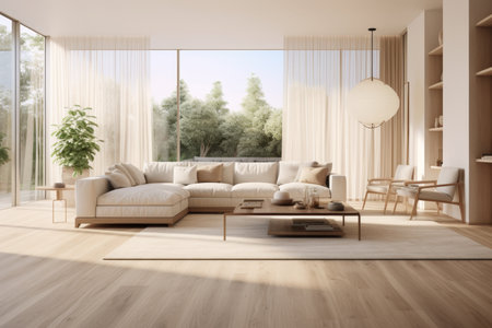 Modern scandinavian inspired living room with minimalist design and abundant natural lightの写真素材