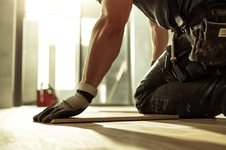 Intense craftsmanship a construction worker installing laminate flooring in a modern interior sceneの写真素材
