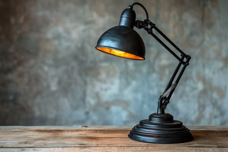 Elegant black desk lamp on wooden table against concrete wall for product display mock upの写真素材