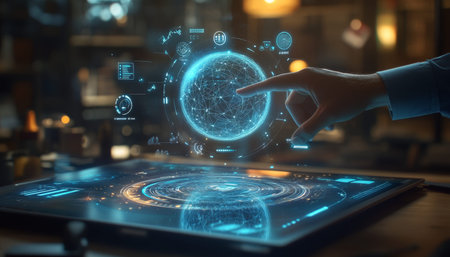 Futuristic business professional engaging with holographic interface in modern workspace setting