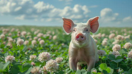 Adorable piglet in clover field captivating farmyard scene under blue sky and white cloudsの写真素材