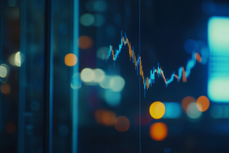 Close up of financial stock market chart with candlestick graphics and blurred bokeh backgroundの写真素材