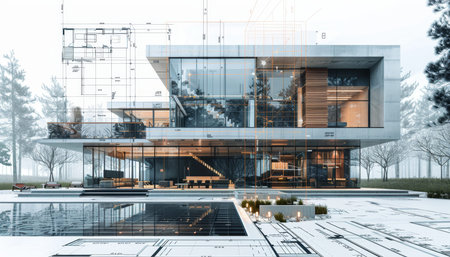 Collage of modern house construction blueprints with architectural sketches in blue tones