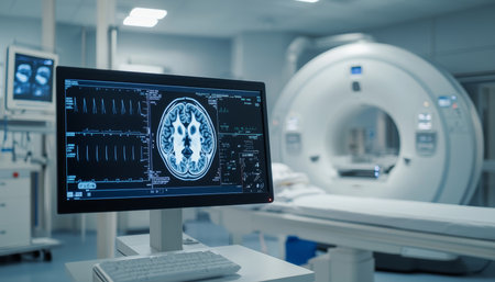 Realistic medical room featuring mri machine and computer monitor displaying brain scansの写真素材