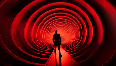 A mysterious man in a black suit stands at the edge of a hypnotic red spiral vortexの写真素材