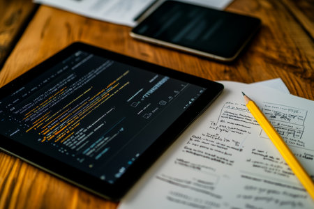 Web development workspace rustic table with tablet showing html code and smartphone layout designの写真素材