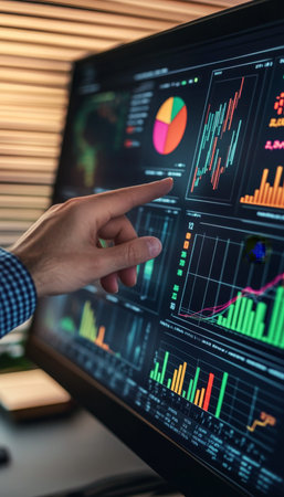 Close up of a hand in a checkered shirt pointing at a financial analytics dashboard in an office