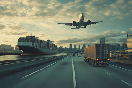 Logistics in action container ship, cargo plane, and truck with city skyline backgroundの写真素材