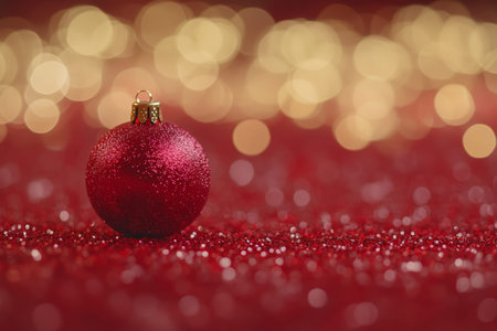Festive christmas background with red and gold decorations and shiny ornaments on a blurred backdrop