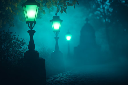 Creepy graveyard scene with haunted lanterns and foggy night sky for Halloween celebrationの写真素材