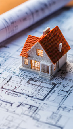 Close up of a miniature house model on architectural blueprints and construction plansの写真素材