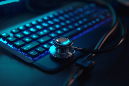 Stethoscope on black keyboard illustrating medical technology and online healthcare services