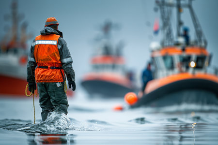 Industrial worker in safety gear observes tugboats at sea from low angle with blurred backgroundの写真素材