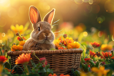 Charming easter bunny nestled in a basket surrounded by vibrant spring flowers at golden hourの写真素材