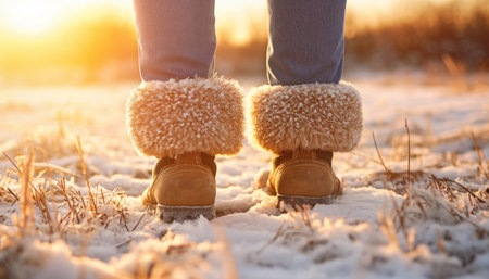Close up of a woman s feet in fur boots walking on snow during golden hour in winter landscapeの写真素材
