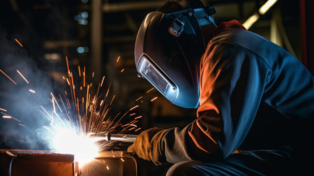 Close up of auto mechanic welding car door frame in garage with sparks and protective gear