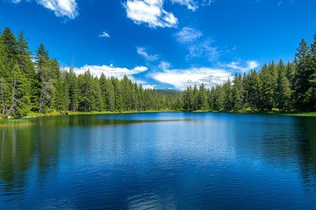 Stunning panoramic landscape of lake elheffer surrounded by forest and clear blue sky in Oregonの写真素材