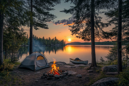 Tranquil lakeside camping at sunset with pine trees, canoe, and a glowing moonlit reflection