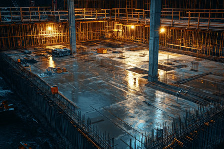 Nighttime construction scene concrete pouring into steel frame with rebar and floor plan layoutの写真素材