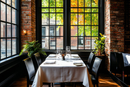 Elegant restaurant table for two illuminated by natural light in Montreal's sophisticated ambianceの写真素材