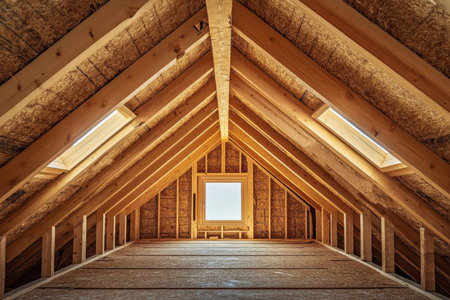 New wooden house construction featuring roof truss structure and insulation for energy efficiencyの写真素材