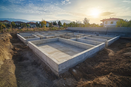 Wide angle view of a structured concrete foundation for a house with rectangular room layout