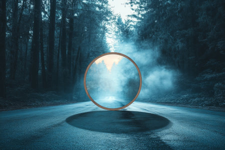 Mysterious round wooden mirror on asphalt reflects enigmatic foggy forest and tree lined roadの写真素材