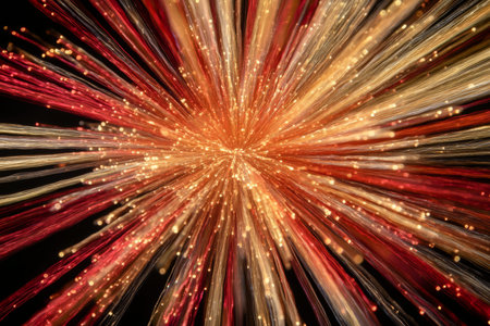 Vibrant star shaped explosion of colorful strands with motion blur on black background