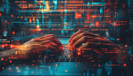 Hands typing on laptop overlaid with server room for digital data presentation concept