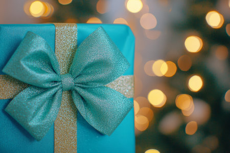 Vibrant blue and green gift box with bow against bokeh lights background for holiday celebrationsの写真素材