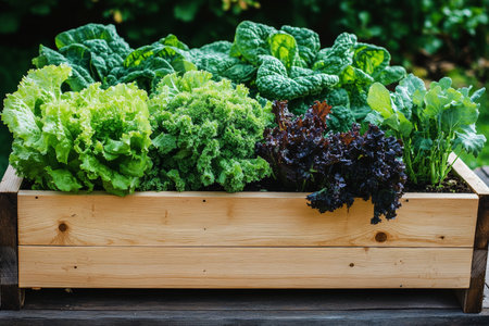 Wooden raised vegetable bed with lettuce and broccoli showcasing sustainable home gardening ideasの写真素材