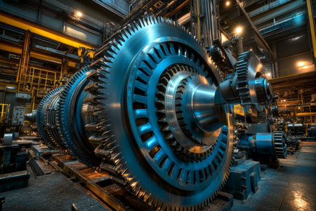 Industrial factory with blue gears and massive blades for electric power generation equipmentの写真素材