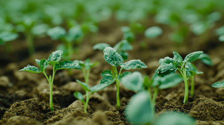 Close up of vibrant green seedlings emerging from rich soil in an agricultural field