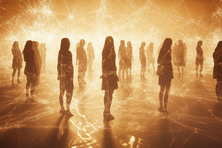 Women interconnected by threads on platforms, symbolizing networking in sepia toned cinematic styleの写真素材