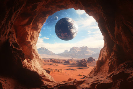 Stunning view from an ancient cave window overlooking a red desert landscapeの写真素材