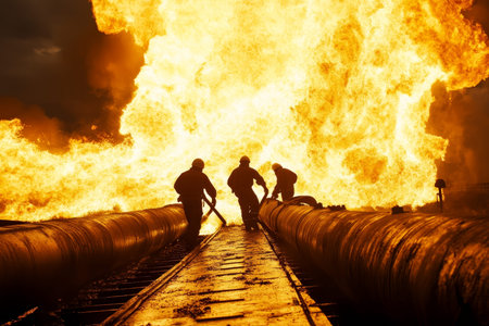 Workers at an industrial gas plant managing steel pipes in the background