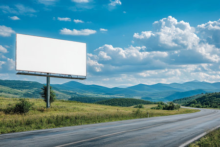 Blank billboard on open road surrounded by green hills and blue sky ideal advertising mockupの写真素材