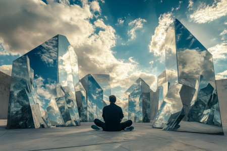 A man sits among mirrors, each reflecting unique skies in a surreal, abstract photography style.の写真素材