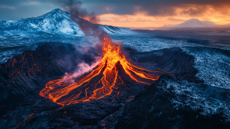 Aerial view of iceland s volcanic eruption at dusk lava flowing into icy valleys under orange skyの写真素材